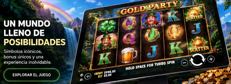 Pantalla del slot Gold Party con rodillos, símbolos irlandeses y controles de juego.