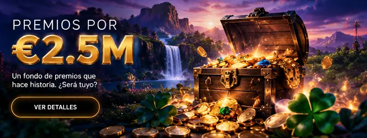 Cofre del tesoro con monedas de oro y piedras preciosas en una ilustración de premios de €2.5M de Gold Party.