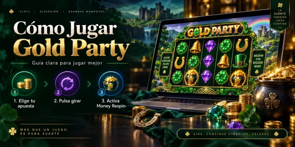 Gold Party como se juega – guía visual con tres pasos para elegir la apuesta, girar los rodillos y conocer Money Respin.
