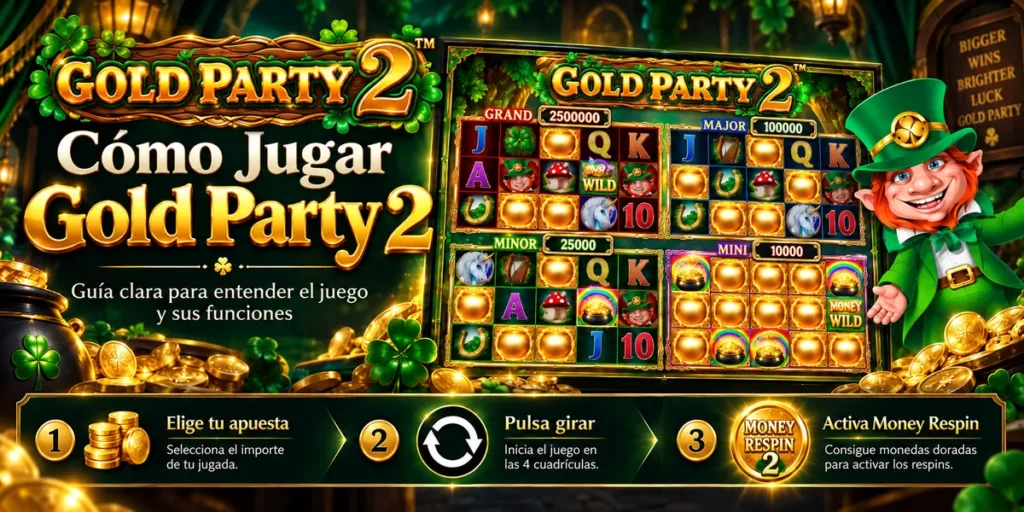 Gold Party 2 After Hours con cuatro cuadrículas Money Respin, símbolos irlandeses y un leprechaun.
