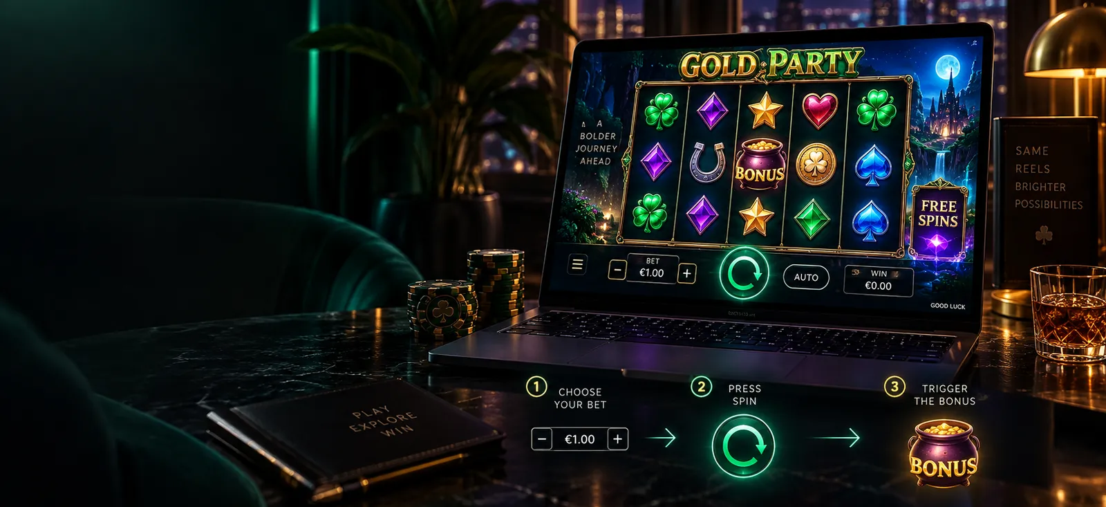 Gold Party como se juega en una computadora portátil con rodillos, símbolos irlandeses y controles de giro.
