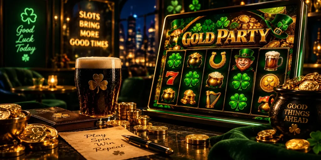 Gold Party Casino con el slot original en una computadora portátil y un ambiente de casino con iluminación verde y dorada.