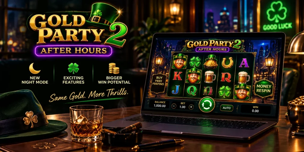 Gold Party 2 After Hours en una computadora portátil con rodillos, símbolos irlandeses y funciones del slot.
