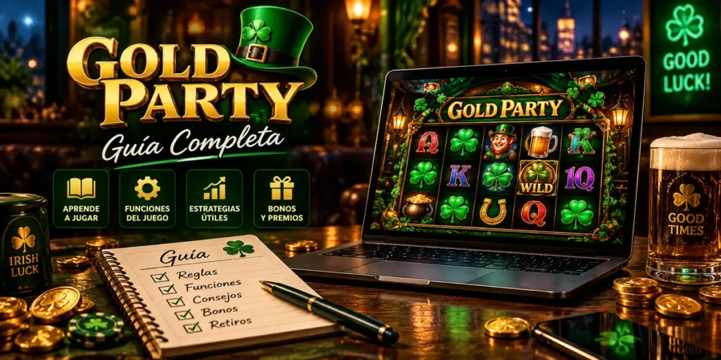 Gold Party RTP y Bonus con una guía visual del slot, funciones del juego y bonos en un ambiente irlandés.