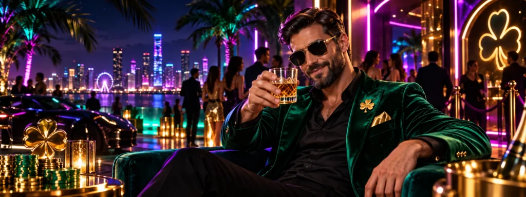 Gold Party en un casino moderno con un hombre de traje verde, luces de neón y símbolos de la suerte.